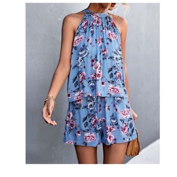 Simple Flavor | Blue Floral Open-Back Halter Neck Top & Shorts M # A269 - Picture 1 of 5